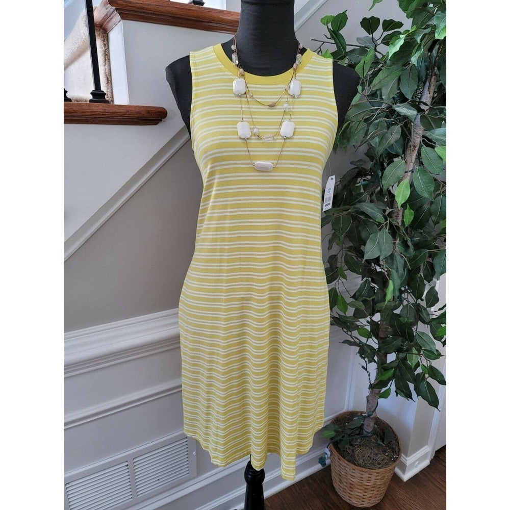Yellow & White Women Striped Cotton Round Neck Sleeveless Knee Length Dress S